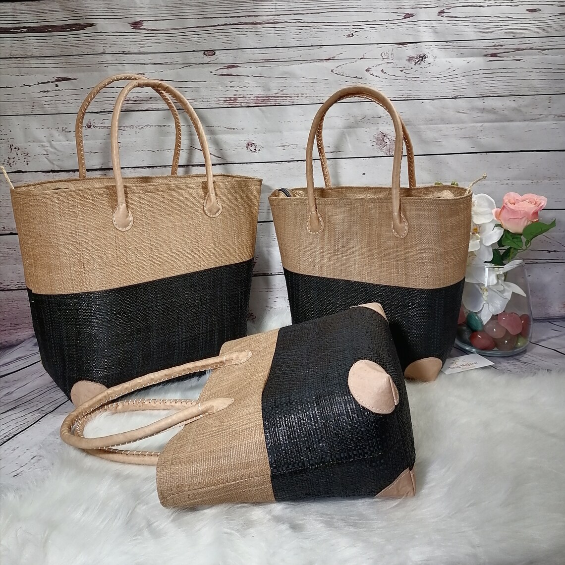2tone raffia bag Cabas raffia races beach bag straw bag Etsy