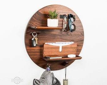 20&quot; Circular Entryway Organizer Wall Storage Shelf • Key and Coat Hook Hanger • Walnut, White Oak, Maple Solid Wood