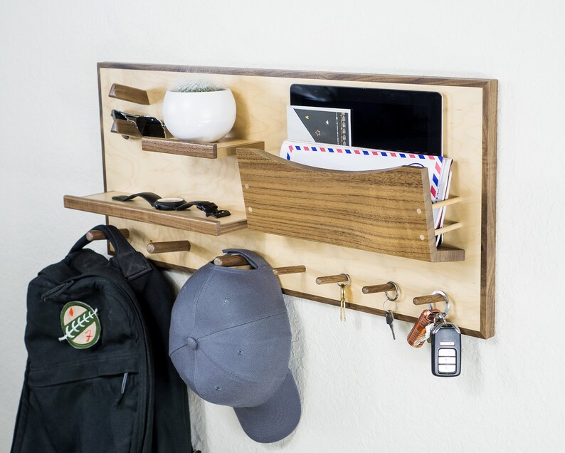Modern Entryway Organizer in Walnut and Maple with Shelves | Etsy