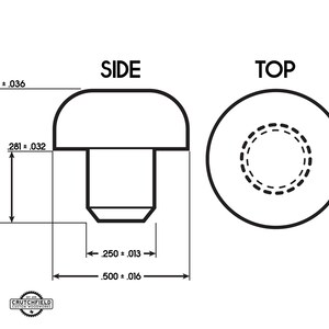 May include: A black and white line drawing of a mushroom-shaped push button with dimensions labelled in inches. The top view shows a circular button with a dashed circle in the centre.