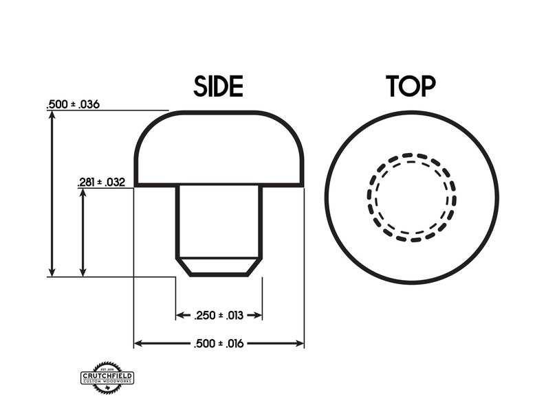 May include: A black and white line drawing of a mushroom-shaped push button with dimensions labelled in inches. The top view shows a circular button with a dashed circle in the centre.