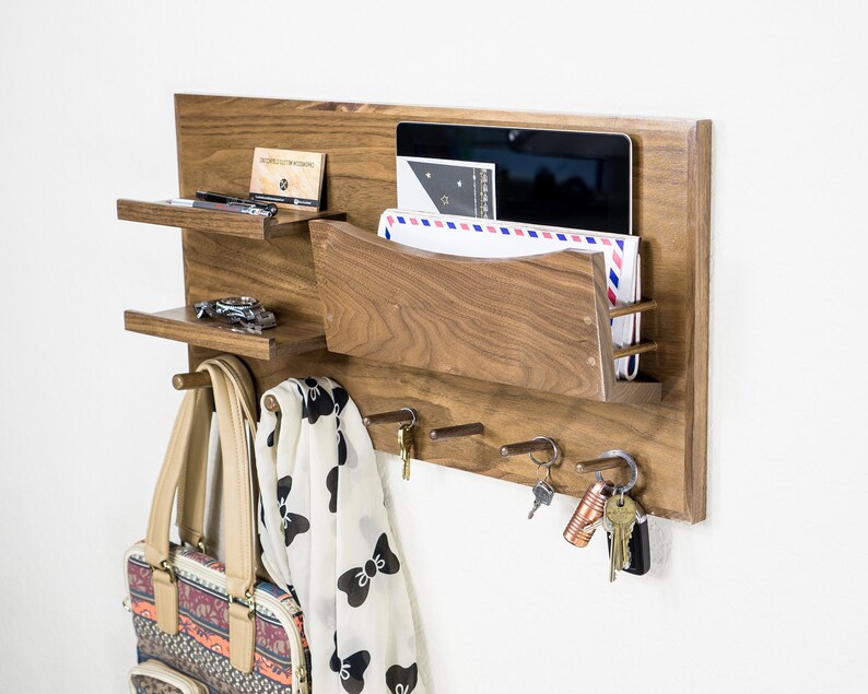 Walnut Entryway Organizer With 2 Shelves Mail Slot and Pegs Etsy