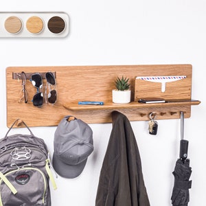 Entryway Organizer Wall Storage for Coat, Keys, Mail, Backpack • Minimalist Mid Century Modern Styling Design • Walnut, White Oak, Maple