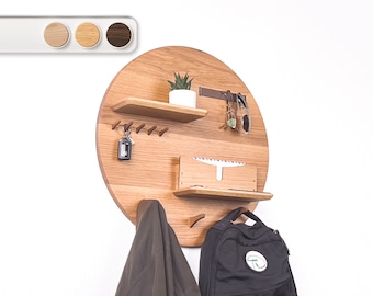 24" Circular Entryway Organizer Wall Storage • A Minimalist Modern Way to Hang Keys, Coats, Backpacks, Mail, Sunglasses • White Oak Walnut