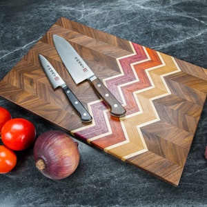 Chevron Cutting Board, Walnut Cutting Boards, Butcher Block, Cheese Board, Striped, Herringbone, with Handles, Juice Groove, Modern