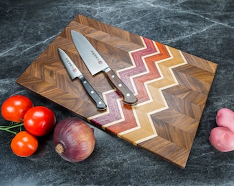 Chevron Cutting Board, Walnut Cutting Boards, Butcher Block, Cheese Board, Striped, Herringbone, with Handles, Juice Groove, Modern