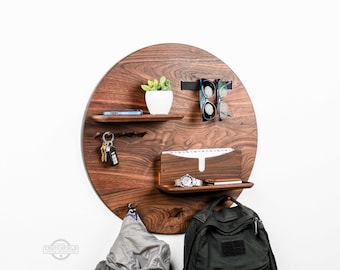 24&quot; Circular Entryway Organizer Wall Storage in Solid Walnut • A Mid-Century Modern Way to Hang Keys, Coats, Backpacks, Mail, Sunglasses