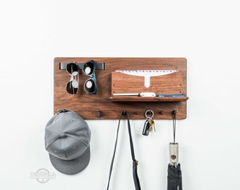 Mid-Century Walnut Entryway Organizer: Floating Shelf with Hooks