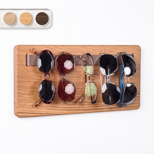 Sunglasses Holder Rack in Wood and Leather • Modern Minimalist Design to Hold 5 Pairs of Glasses • Mounting Hardware and Template Included