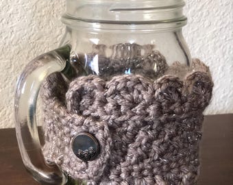 Funda para taza color champiñón/masilla/gris/marrón con destellos plateados, hecha a mano.