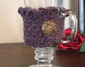Funda para taza festoneada de algodón/bambú ciruela hecha a mano