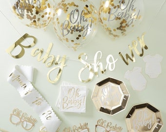 Oh Baby Shower Party Decorations Gold Gifts Set UP Mum To Be Confetti Balloons Plates Napkins Glasses Sash Banner Bunting