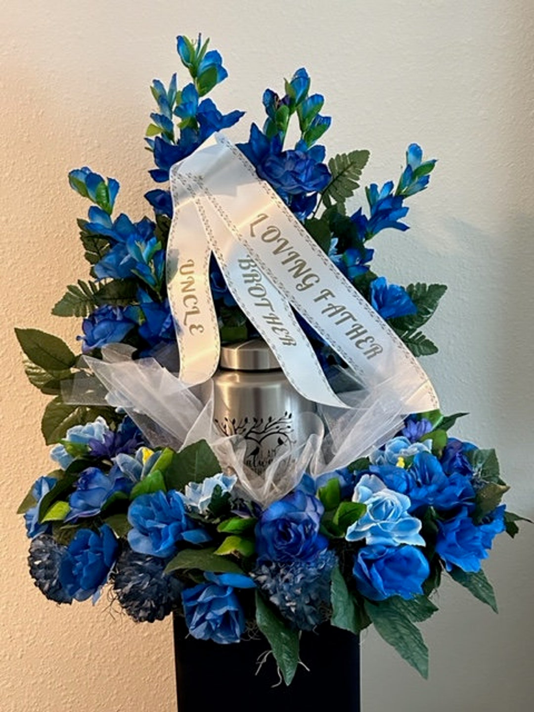 NEW Blue Allinone Funeral Flowers & Urn Silk Arrangement Etsy