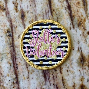 Stellar Volunteer Recognition Glittery Metalic Gold Pink Fun Patch Embroidered