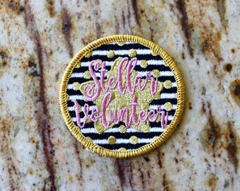 Stellar Volunteer Recognition Glittery Metalic Gold Pink Fun Patch Embroidered