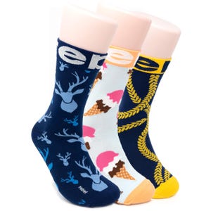 Blue Socks Bundle (3), Funky Blue Deer, Stache and Gold Chain Socks - Funky, Cool, Men, Women, Happy, Wild, Fun, Novelty, Deer, Moustache
