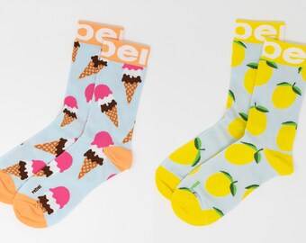 Sock Set (2) Ice Cream Lemon, Funky Unisex Socks - Casual Socks, Dress Socks, Men, Women – Happy Soft Fun Novelty Cool Gift, Bright Cute