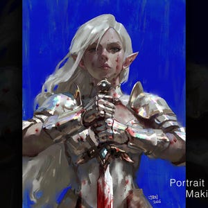 以下が含まれることがあります： 長い白髪を持つ色白のエルフを描いたデジタル絵画。赤い血の飛沫がついた磨かれた銀色のプレートアーマーを着用している。鮮やかな青い背景を背に、両手で剣を垂直に持っている。テキストには「Portrait + Mid Body Making-of Video」と書かれている。