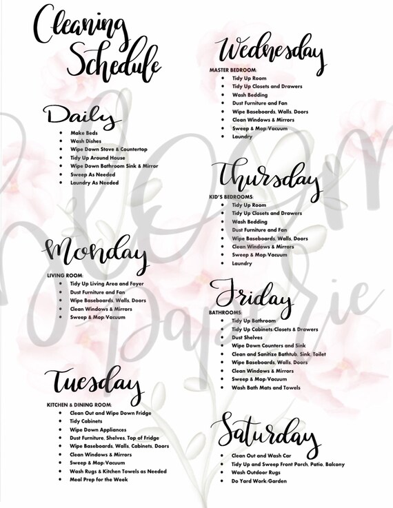 Cleaning Schedule Printable Weekly Cleaning Checklist