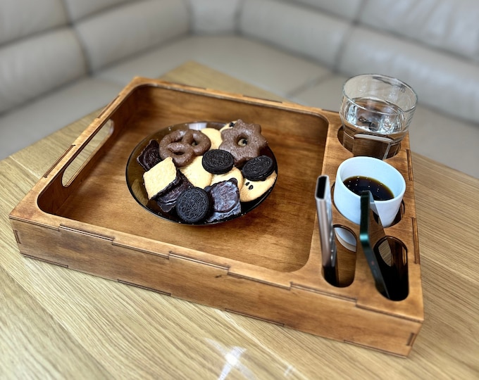 Cozy Gift Idea: Wooden Couch Tray, Remote Drink Organizer, Sofa Cup Holder, Premium Handmade Christmas Gift for Husband Wife, Bed Caddy
