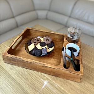 Wooden Serving Tray with cup holder – Handmade home decore - Drink Organizer