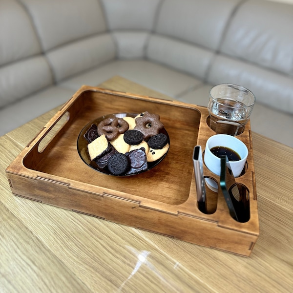 Wooden Serving Tray with cup holder – Handmade home decore - Drink Organizer