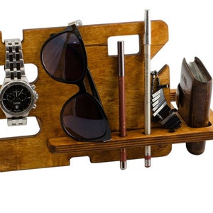 Opberger houten bureau, nachtkastje, vaderdagcadeaus voor mannen, dockingstation met sleutelhouder, verjaardagscadeaus, horlogestandaard, telefoonstandaard