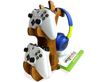 Wooden Dual Game Controller Stand: Headset & Game Storage Rack - Desk Organizer with Headphones Storage Hanger – Gamer Gifts