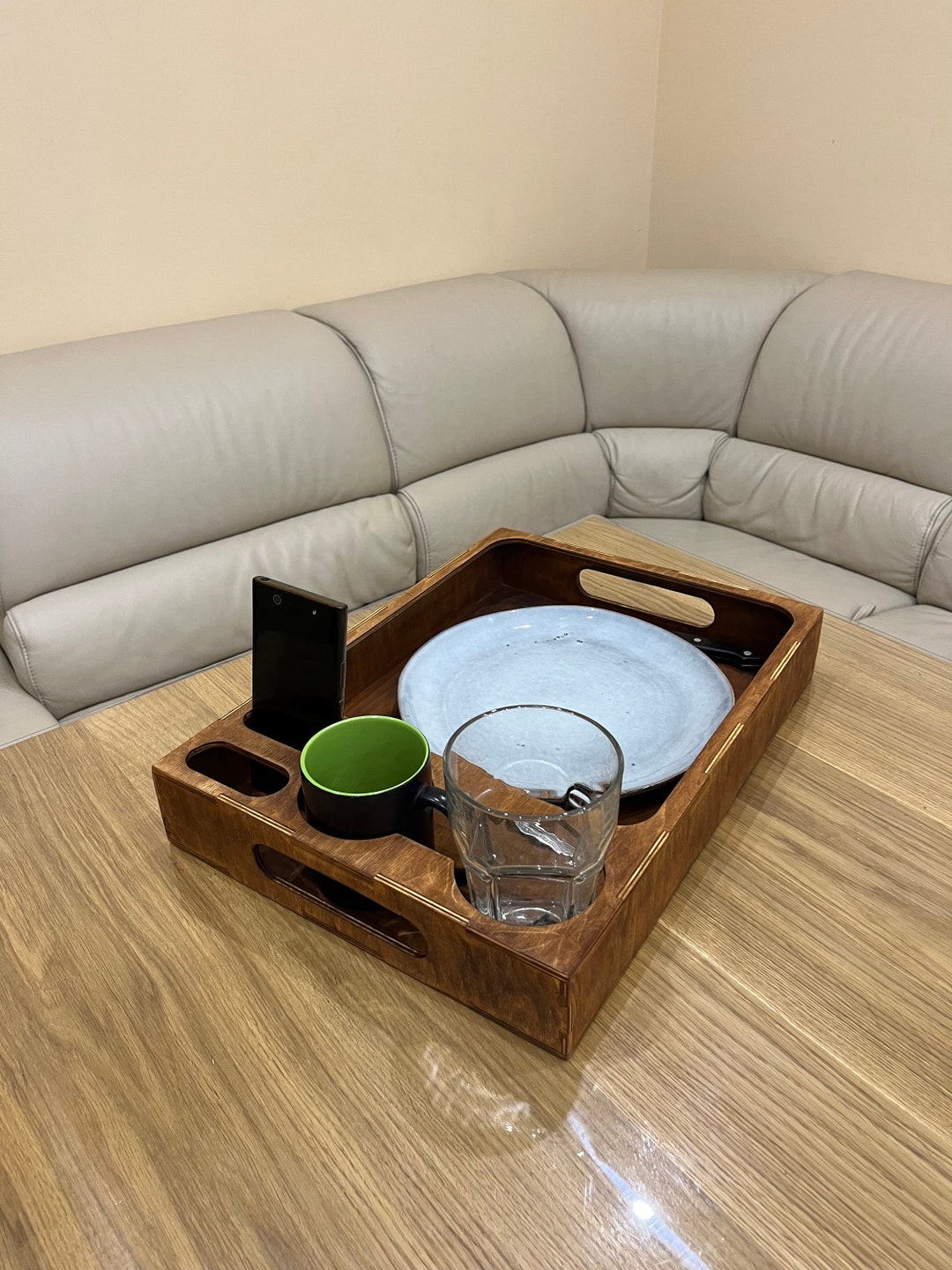 Wooden Serving Tray With Cup Holder Handmade Home Decore Drink