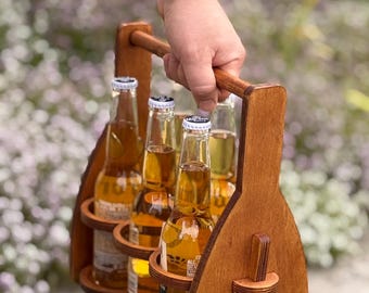 Foster & Rye Acacia Wood Beer Carrier - 6 Bottle Caddy With Built-in Bottle Opener Rustic Design