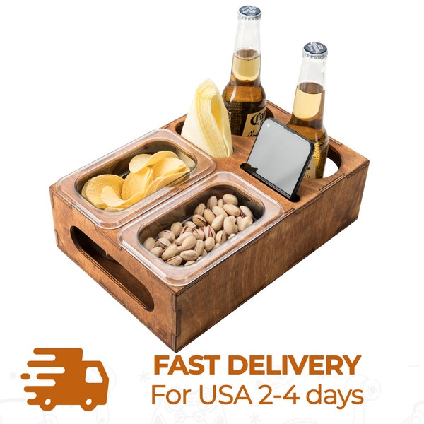 Wooden Beer and Snacks Carrier with Smartphone and TV Remote | Beer Box and Drink Organizer | Beer and Snack Holder | Christmas Gifts