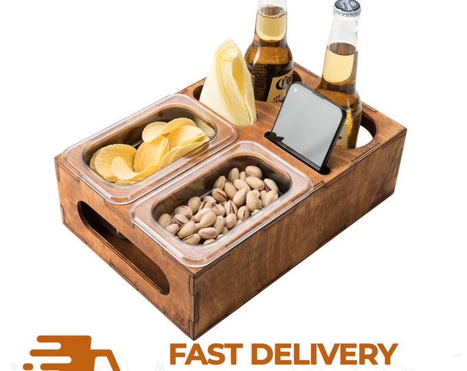 Wooden Beer and Snacks Carrier with Smartphone and TV Remote | Beer Box and Drink Organizer | Beer and Snack Holder | Mother's Day Gifts