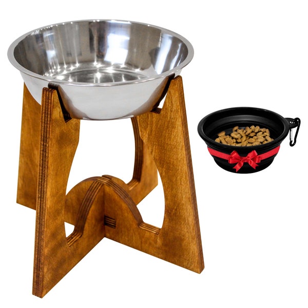 Dog Bowl Elevated - Raised dogs feeder for dogs - Collapsible 9" Dog bowl stand - Food and Water bowl with wood stand