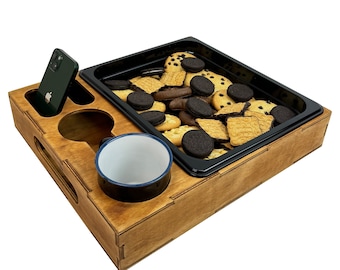Movie Night Snack Tray: Wooden Couch Butler, Coffee Table Tray with Cup Holder, Smart Remote Organizer, Unique Christmas Gift for Husband