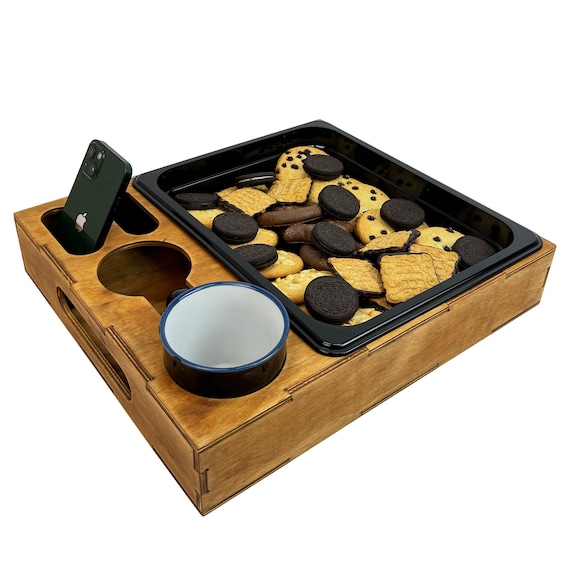 Wooden Couch Caddy: Coffee, Snack & Remote Organizer Serving Tray with cup holder Table Cookie Drink Tray Ottoman Stand, Valentines Day Gift