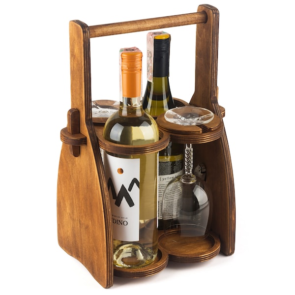 Wood Wine Bottle Holder, Wine Rack, Beer Caddy, Wine Tote, Wooden wine box with glass Holder, Christmas Gifts, Wine Carrier