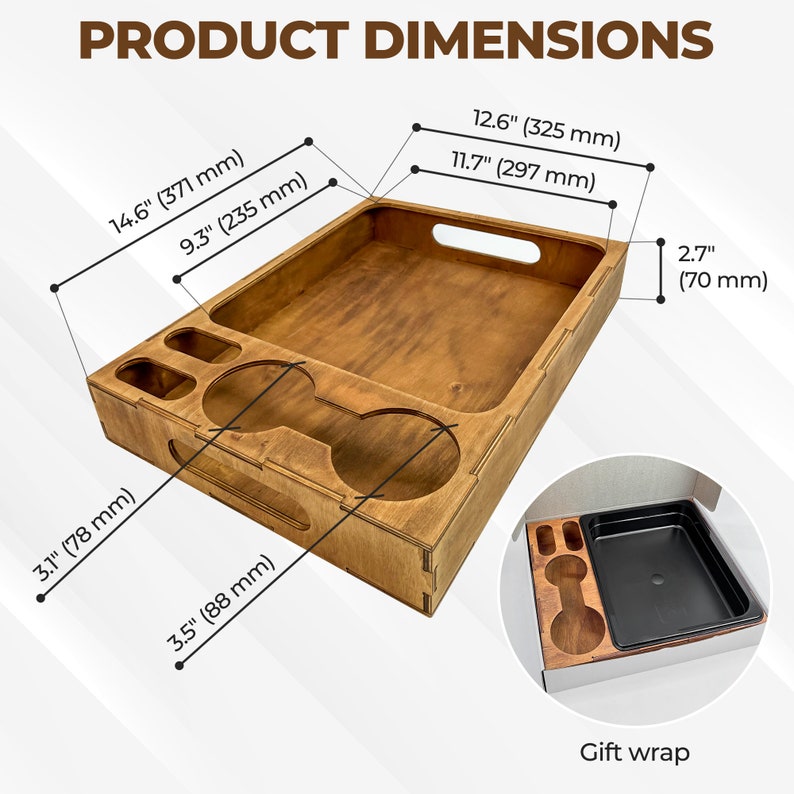 May include: Wooden serving tray with a handle and four cup holders. The tray measures 14.6 inches by 9.3 inches by 3.1 inches. The tray is made of natural wood and has a light brown color.