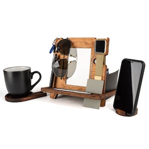 Wooden Docking Station for men, iPhone holder, Nightstand, Wood Desk Organizer, Apple Watch Stand integreted, Father&#39;s Day Gift