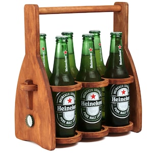 Wooden 6-bottle Beer Caddy, Collapsible drink Holder, Beer Lover Gifts for Men, Him, Dad - 6 pack Wood beer Carrier - Father&#39;s Day Gift