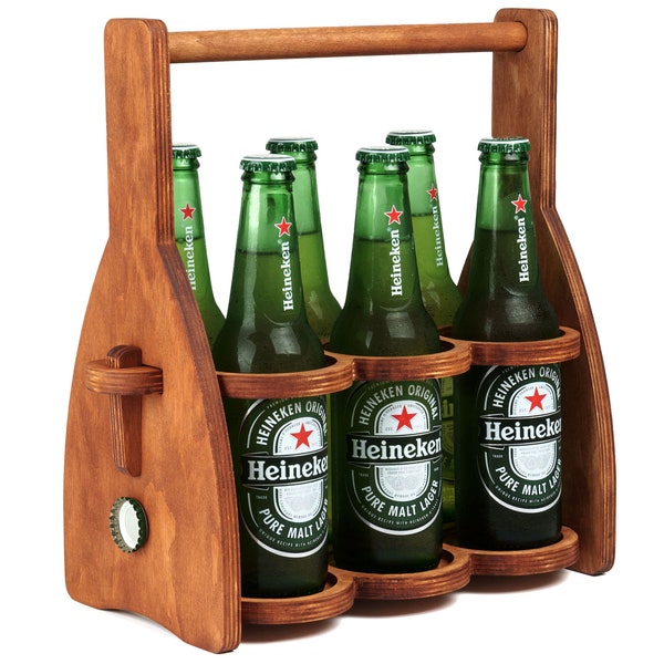 Wooden 6-bottle Beer Caddy, Collapsible drink Holder, Beer Lover Gifts for Men, Him, Dad - 6 pack Wood beer Carrier - Mother's Day Gifts
