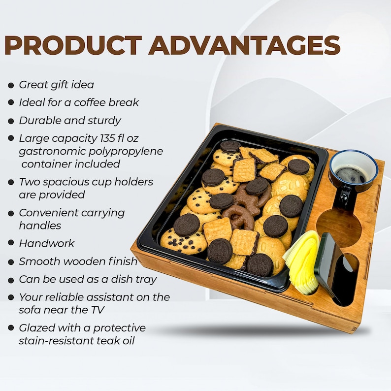 May include: A wooden serving tray with a black tray insert, two cup holders, and a phone slot. The tray is filled with a variety of cookies and a small cup of coffee. The tray is glazed with a protective stain-resistant teak oil.