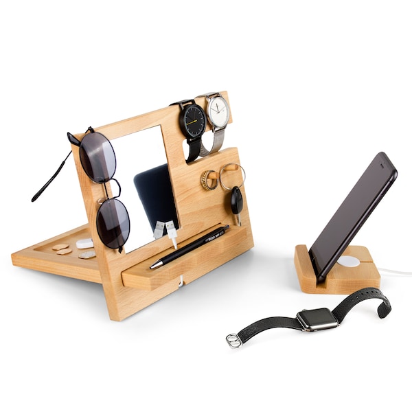 Wood Phone Docking Station - Men Anniversary Birthday - Christmas Gifts - Organizer with Mirror - Dad Husband Him Cell phone Stand