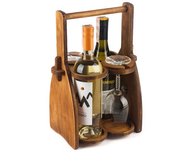Handcrafted Wooden Wine Caddy: Portable Bottle & Glass Carrier, Mother's day gift
