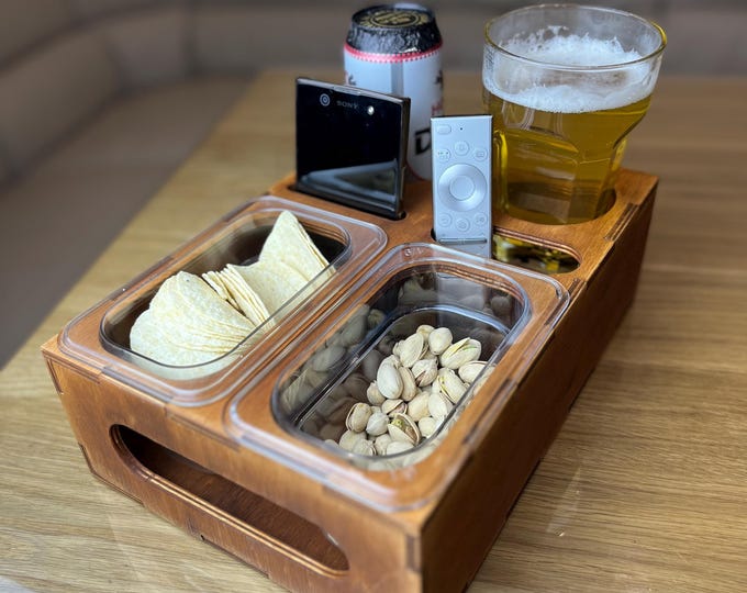 Holiday Gift for Him Her: Wooden Couch Tray, Smart Sofa Cup Holder, Remote Control Tech Organizer, Unique Birthday Gift for Wine Lovers