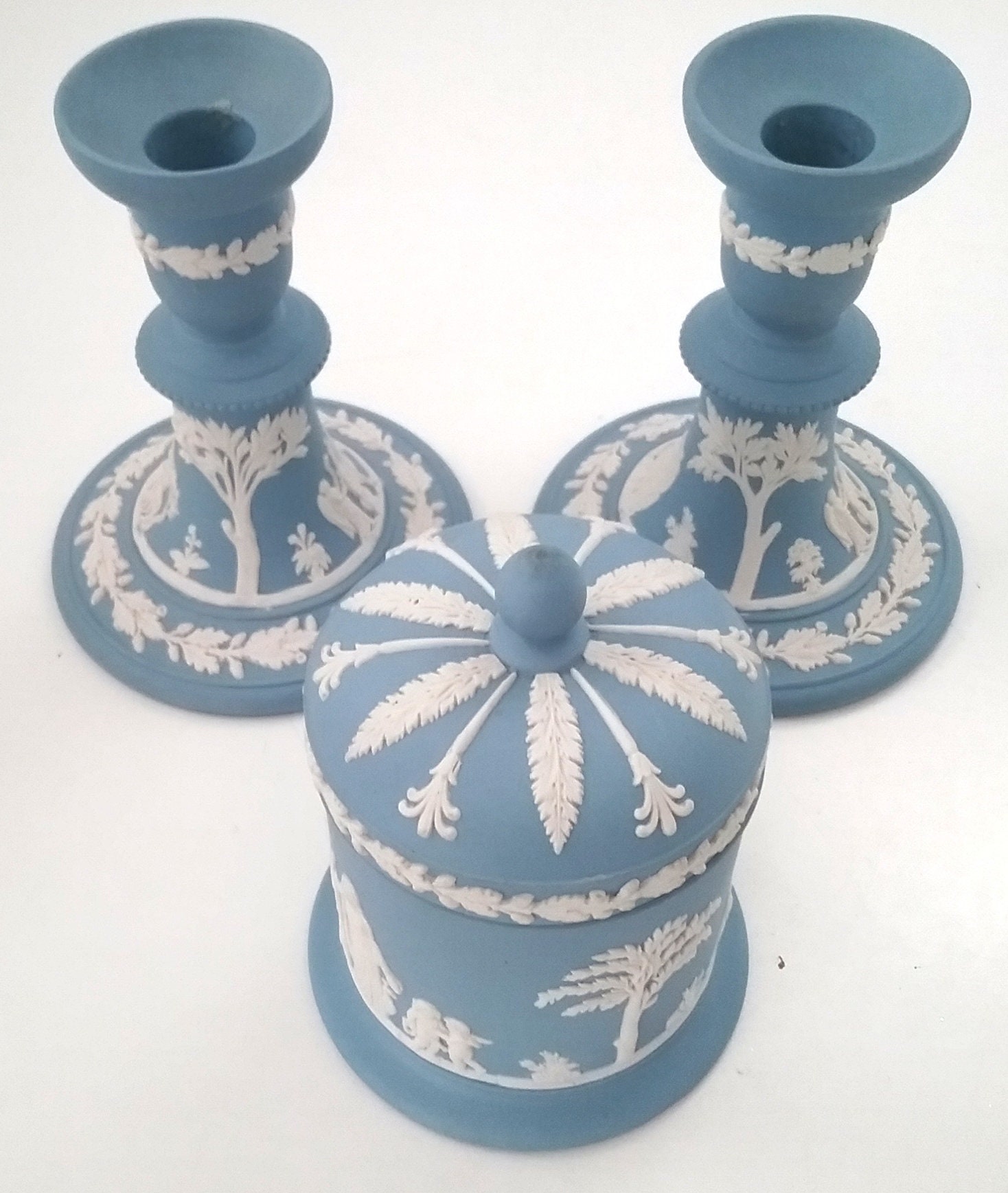 WEDGEWOOD JASPERWARE Blue Candle Holders Trinket Jar Made Etsy