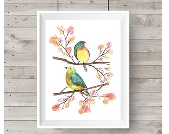 Two Birds on Branches Watercolor