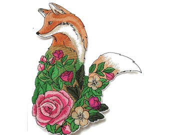 Embroidered Red Fox with Flowers Patch, Iron On, Countryside Nature Applique