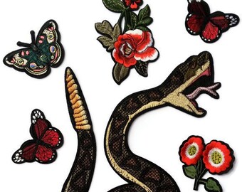 XL Snake Cobra Butterfly Flowers Embroidered Patch Iron On Quality Applique