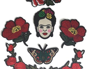 Frida Kahlo Flor Mariposa Corazón Conjunto De Parche Calidad Hierro En Bordado