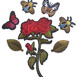 Embroidered Iron On Jacket Patch Set: Rose, Butterflies & Bugs - 7 Pieces